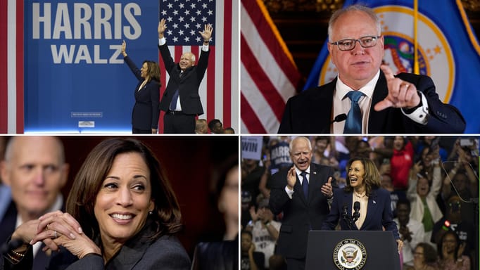 Democratic presidential nominee Vice President Kamala Harris and her running mate Minnesota Gov. Tim Walz at a campaign rally in Philadelphia, Tuesday, Aug. 6, 2024.