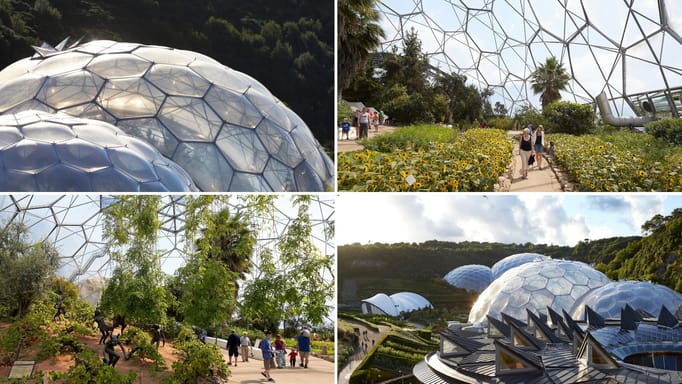 Collage of the Eden Project's iconic biomes seen from the inside and outside.