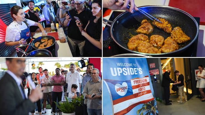 A collage of Chef Mika Leon cooking cultivated chicken at a pop-up tasting for "lab-grown" meat produced by California-based Upside Foods, Thursday, June 27, 2024, in Miami.