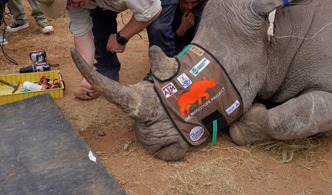 Professor James Larkin performs a procedure where isotopes are placed into a rhino's at a rhino orphanage in the country's northern province of Limpopo, Tuesday, June 25, 2024. 