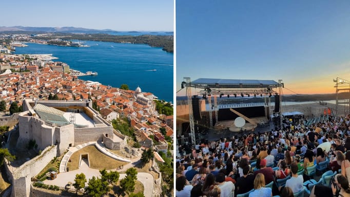 Aerial view of St Michael's Fortress in Šibenik; stage of St Michael's Fortress before a concert.