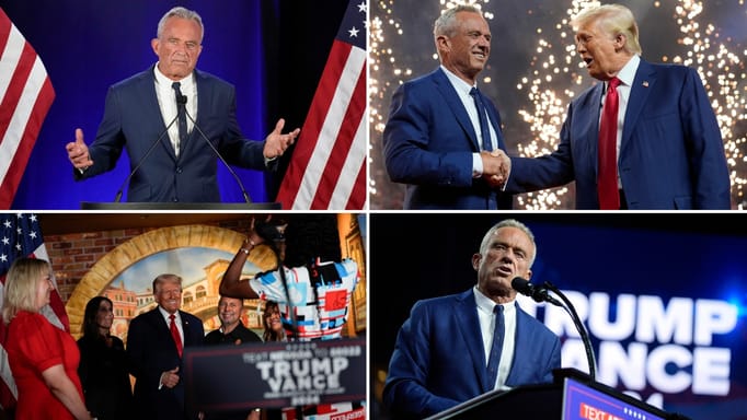 Republican presidential nominee former President Donald Trump shakes hands with Independent presidential candidate Robert F. Kennedy Jr. at a campaign rally at the Desert Diamond Arena, Friday, Aug. 23, 2024, in Glendale, Ariz.