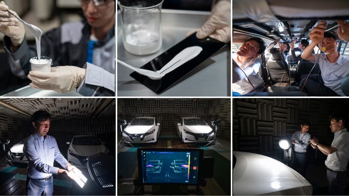 Collage of six images Nissan staff testing their new type of paint that is designed to keep cars cool in hot weather.