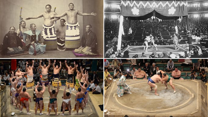 Former Ryogoku Kokugikan Sumo Hall Interior c1910; The 11th sumo wrestling Yokozuna, Shiranui Kōemon (1825 - 1879) and the 13th Yokozuna, Kimenzan Tanigorō (1826 - 1871); The dohyō-iri for the finals at the Aki basho at Ryōgoku Kokugikan; Sumo fight in the Kokugikan in Tokyo, Japan