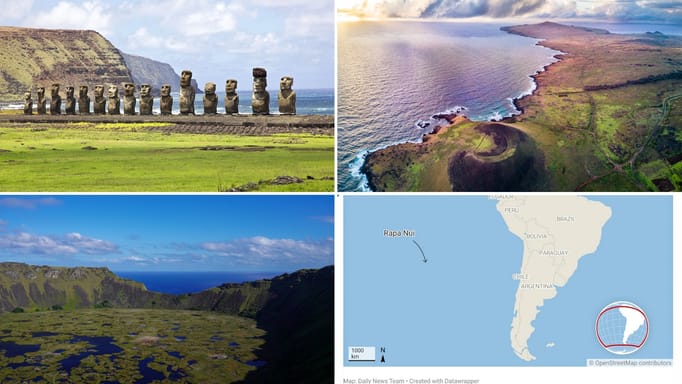 Moai statues, Ovahe beach, Rano Kau Volcano crater lake, map showing where Rapa Nui is located.