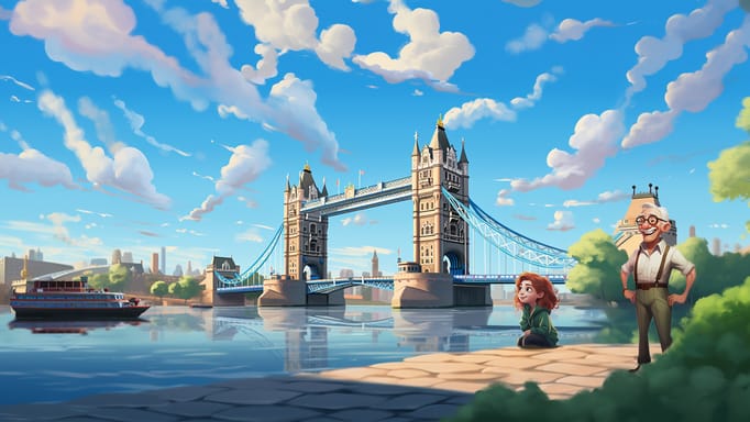 A digital illustration of a grandpa and a little girl in the foreground, admiring the iconic Tower Bridge in London on a sunny day, with the River Thames and a passing red boat in the background.