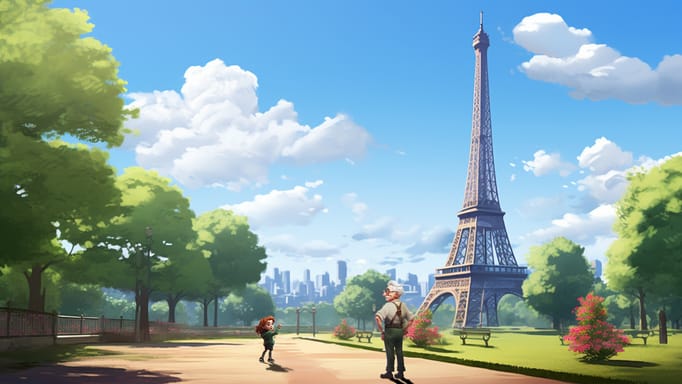 Digital illustration of a grandpa and a young girl enjoying a sunny day near the Eiffel Tower, with the grandpa smiling as he watches the young girl running joyfully along a tree-lined park path, Parisian skyline in the distance under a bright blue sky with fluffy clouds.
