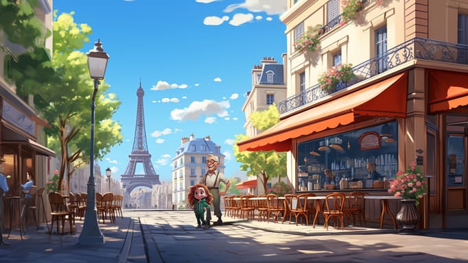 Digital illustration of a grandfather and his granddaughter walking hand in hand on a Parisian street, with the Eiffel Tower in the background, near a traditional café with outdoor seating and flowering balconies, under a sunny blue sky with soft clouds