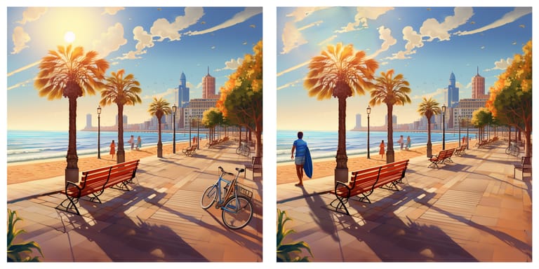 digital illustration of a Barcelona beachfront walkway is depicted under a bright sky.  A figure wrapped in a blue towel stands at the edge, gazing at the water, with vibrant city life and lush trees framing this idyllic seaside snapshot.