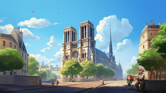 Digital art of a grandpa and a little girl holding hands and smiling while standing in front of Notre-Dame Cathedral in Paris on a bright, sunny day, with lush green trees and clear blue skies dotted with soft white clouds