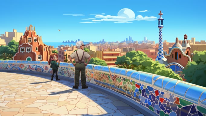 digital illustration of a grandpa and a young girl stand beside the curving mosaic of Park Güell, taking in the sweeping views of Barcelona's urban landscape leading to the azure coastline.