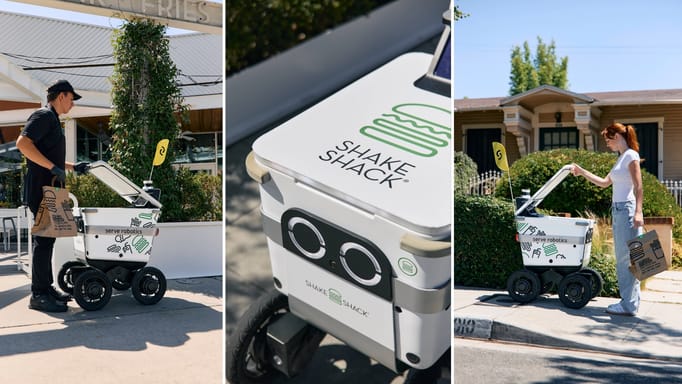 restaurant worker putting an order into a robot; close-up of Shake Shack delivery robot; female customer picking up her order in front of her home
