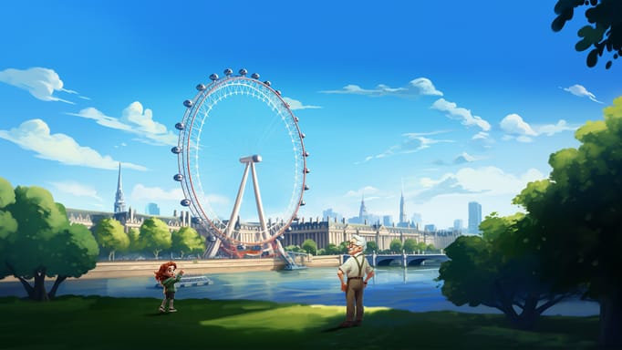 A digital illustration showing a grandpa and a young girl enjoying a sunny day out with a view of the London Eye and the Thames, set against a clear blue sky with soft white clouds