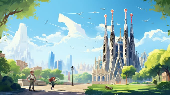 digital illustration of a grandpa and a young girl strolling through a leafy park with the Sagrada Família standing prominently in the background, its spires reaching skyward amid the contrast of construction cranes and the modern city skyline of Barcelona.