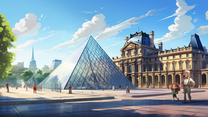 Grandpa and young girl exploring Paris, standing near the Louvre Pyramid with the historical Louvre Museum in the background. The sky is clear with scattered clouds, and the grandeur of the city's architecture surrounds them, creating a blend of the old and the new