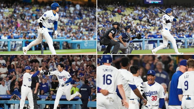 Los Angeles Dodgers designated hitter Shohei Ohtani (17) runs the bases after hitting a grand slam during the ninth inning of a baseball game against the Tampa Bay Rays in Los Angeles, Friday, Aug. 23, 2024. The Dodgers won 7-3. Will Smith, Tommy Edman, and Max Muncy also scored. 