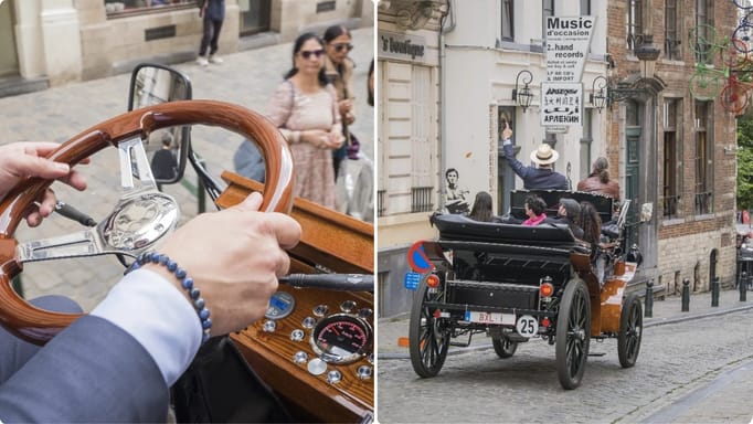 Collage of two images showing a tourist carriage in central Brussels.