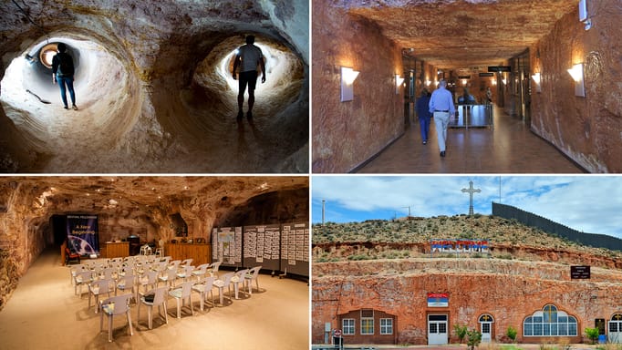 Opal Mine - Coober Pedy - Australia; Tourists in hotel built inside an old Opal Underground mine; The interior of the Revival Fellowship gospel underground church; Serbian underground church in the opal mining village in South Australia