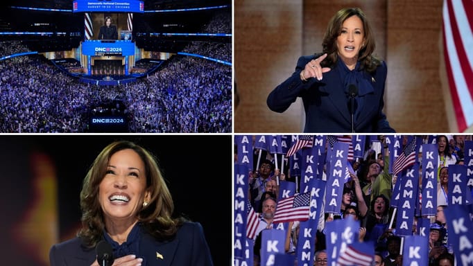 Collage of images showing Kamala Harris accepting her democratic nomination during the Democratic National Convention in Chicago