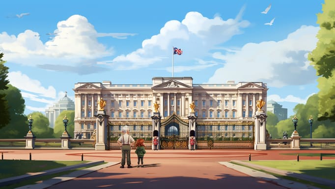 A digital illustration depicts a grandpa and a young girl in front of the grand Buckingham Palace, with its regal gates, under a sky dotted with fluffy clouds