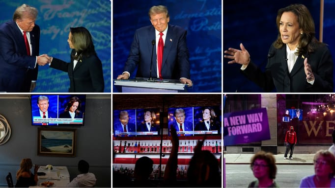 Collage of images showing the US presidential debate between Kamala Harris and Donald Trump on September 10, 2024.
