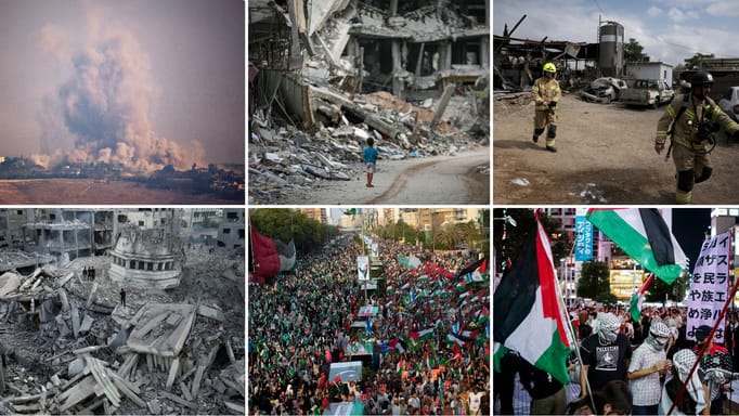 Collage of images from the Mideast war and of people protesting to show solidarity with people affected by it.