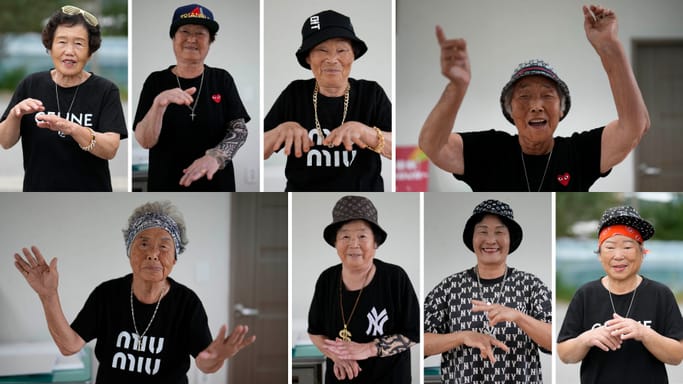 This combination image made from eight photographs show members of Suni and the Seven Princesses at a senior community center in Chilgok, South Korea, Thursday, Oct. 3, 2024.