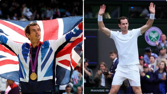 Gold medalist Andy Murray of Great Britain waves the British flag during the medal ceremony of the men's singles event at the All England Lawn Tennis Club at Wimbledon, in London, at the 2012 Summer Olympics, Sunday, Aug. 5, 2012. 