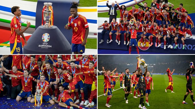 Spain's Lamine Yamal, left, and Nico Williams celebrate at the podium during the final match against England at the Euro 2024 soccer tournament in Berlin, Germany; Spain's Alvaro Morata lifts the trophy after winning the final match against England at the Euro 2024; Spain's players pose with the trophy after winning the final match against England at the Euro 2024; Spain players celebrate with the trophy after winning the final match between Spain and England at the Euro 2024
