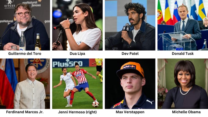 Collage showing Guillermo del Toro, Dua Lipa, Dev Patel, Donald Tusk, Ferdinand Marcos Jr., Jenni Hermoso, Max Verstappen, and Michelle Obama.