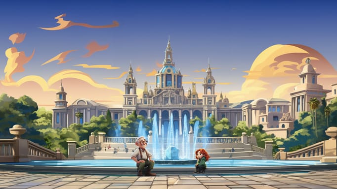 digital illustration of a grandpa and a young girl standing before the Magic Fountain of Montjuïc at dusk, marveling at the water's reflection of the grand structure of the National Art Museum of Catalonia, backdropped by Barcelona's cityscape illuminated by the setting sun.