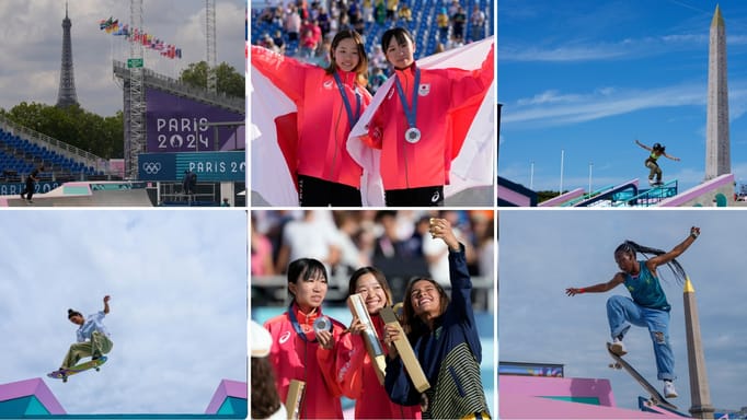 Coco Yoshizawa, of Japan, celebrates after winning the gold medal in the women's skateboard street final at the 2024 Summer Olympics, Sunday, July 28, 2024, in Paris, France. 