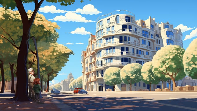 digital illustration of a shaded promenade, a grandpa and a young girl looking up at Casa Milà's unique wavy architecture, a symbol of Barcelona's modernist heritage, with the lively Passeig de Gràcia stretching out beneath them.