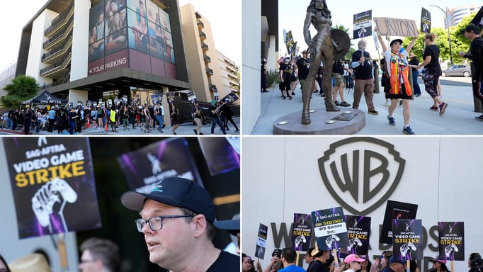 A picket at a kick-off picket line for the SAG-AFTRA video game strike at Warner Bros. Games headquarters on Thursday, Aug. 1, 2024, in Burbank, Calif.