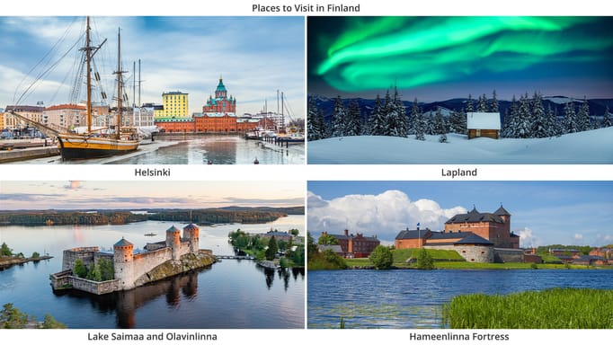 Helsinki city center with famous Uspenski eastern orthodox cathedral church and old port in Katajanokka district; Winter landscape with wooden house in snowy mountains and the Northen lights in night sky; Aerial view of Olavinlinna medieval castle in Savonlinna , Finland; The ancient fortress of the city of Hameenlinna in Finland