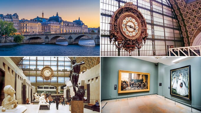 Pont Royal and Musée d'Orsay at dusk; Musée d'Orsay clock; Musée d'Orsay main corridor; Paintings at Musée d'Orsay