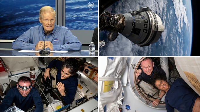 Boeing's Starliner spacecraft is docked to the Harmony module of the International Space Station on July 3, 2024, seen from a window on the SpaceX Dragon Endeavour spacecraft docked to an adjacent port. 