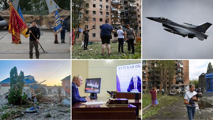Residents of an apartment building damaged after shelling by the Ukrainian side leave the area in Kursk, Russia, Sunday, Aug. 11, 2024.