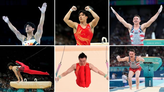 Daiki Hashimoto, of Japan, celebrates after performing on the pommel horse during the men's artistic gymnastics team finals round at Bercy Arena at the 2024 Summer Olympics, Monday, July 29, 2024, in Paris, France.