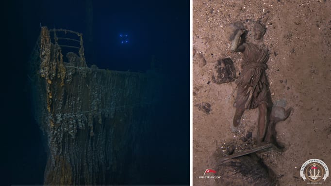 Collage of two images taken in 2024 showing parts of the Titanic wreckage. 