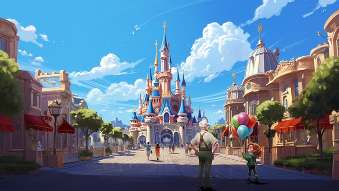 An enchanting digital painting of a grandpa and a little girl with a bunch of colorful balloons, marveling at the magical castle in a theme park, under a sky dotted with fluffy clouds on a sunny day.