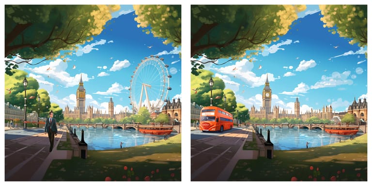 A digital illustration showcasing a serene view of the Thames River with the iconic Big Ben and the London Eye in the background. In the foreground, a gentleman strolls along the riverside, and a classic red double-decker bus passes by, adding a vibrant touch of local flavor to the scene, all under a sunny sky with scattered clouds.