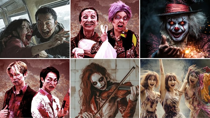 Collage of the images of zombies from the Shinkansen Zombie Bullet Train.