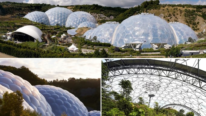 Collage of the Eden Project's iconic biomes seen from the inside and outside.