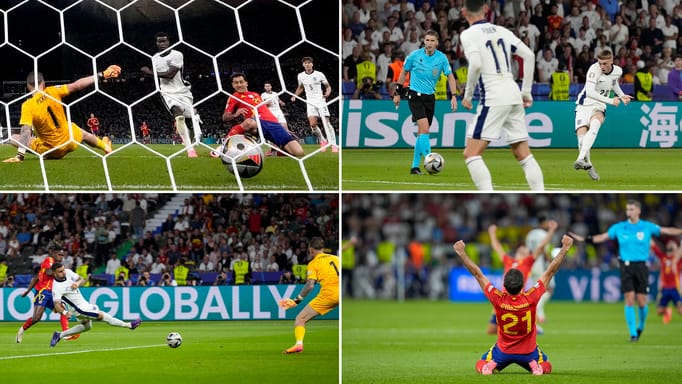 Spain's Mikel Oyarzabal, front right, scores his side's second goal during the final match between Spain and England at the Euro 2024 soccer tournament in Berlin, Germany; England's Cole Palmer, right, scores the equalizer against Spain during the final match of the Euro 2024; Spain's Nico Williams, left, scores the opening goal during the final match against England at the Euro 2024; Spain's Mikel Oyarzabal celebrates after winning the final match against England at Euro 2024