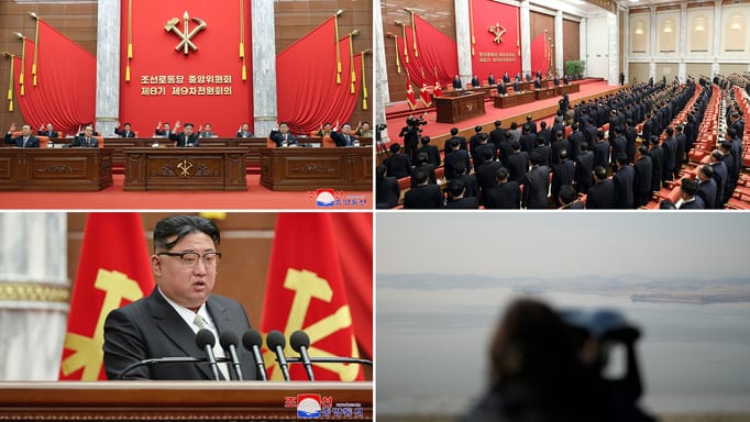 North Korean leader Kim Jong Un, center, attends a year-end plenary meeting of the ruling Workers’ Party; A year-end plenary meeting of the ruling Workers’ Party; North Korean leader Kim Jong Un delivers a speech during a year-end plenary meeting of the ruling Workers’ Party; A visitor uses a pair of binoculars to see the North Korean side from the unification observatory, in Paju, South Korea