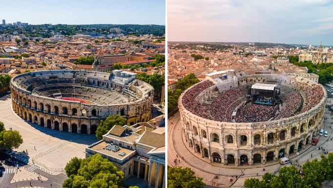 aerial view of The Arena of Nȋmes before and during the concert