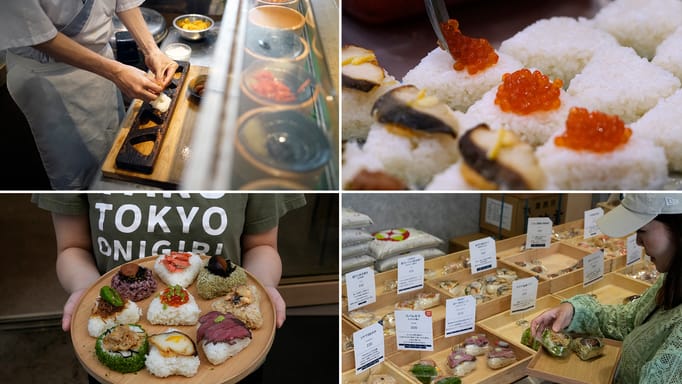 Yosuke Miura makes a rice ball with pieces of grilled salmon at Onigiri Asakusa Yadoroku, Tokyo's oldest onigiri restaurant, Taro Tokyo Onigiri; Ikura, or salmon roes, are added to onigiri, rice ball; A variety of onigiri, rice balls; A customer buys onigiri, rice balls