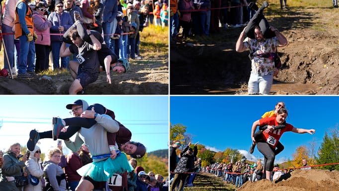 Nic Vinsonhaler carries Tara Rogowski while competing in the North American Wife Carrying Championship, Saturday, Oct. 12, 2024, at Sunday River ski resort in Newry, Maine. 