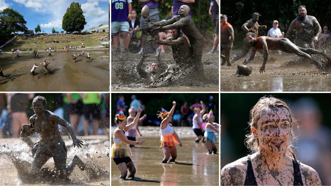 Collage of six images showing the Mud Bowl in New Hampshire on Saturday, Sept. 7, 2024.